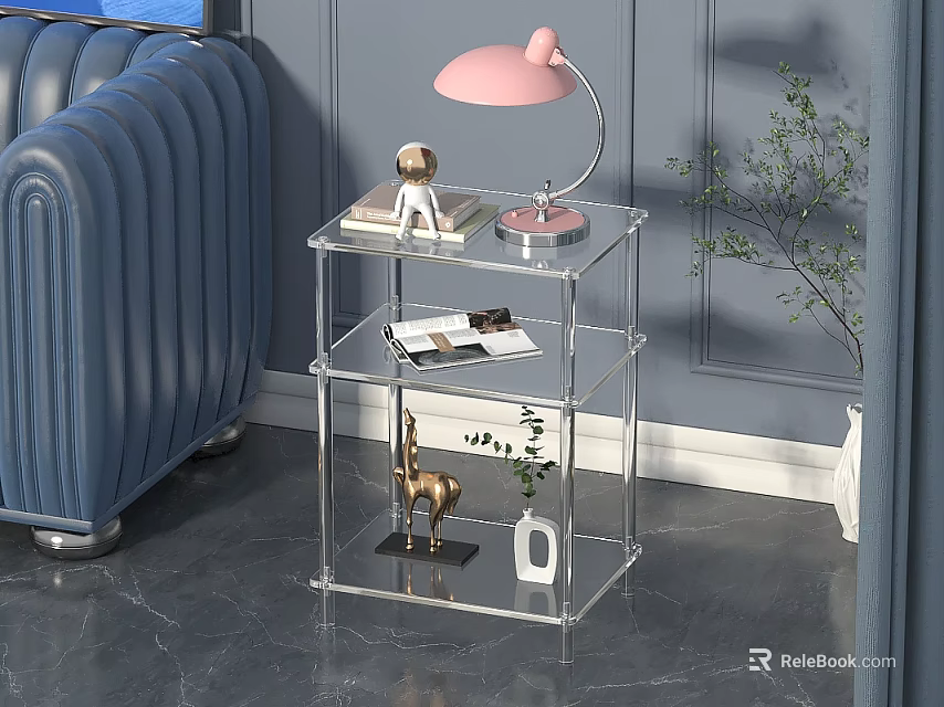 Clear Acrylic 3 Tier Side Table with Pink Lamp Books Giraffe Figurine and Small Plant 3d model 