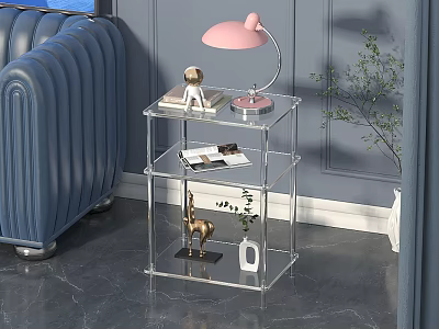 Clear Acrylic 3 Tier Side Table with Pink Lamp Books Giraffe Figurine and Small Plant 3d model