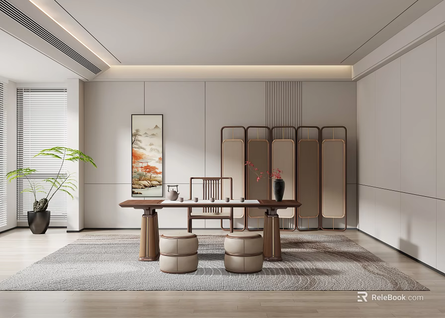 Modern Traditional Tea Room Interior With Wooden Screen Decorative Painting And Green Plant 3d model 