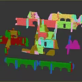 Ancient Architectural Ruin Models with Arches Walls and Bridges in Earthy Yellow on Gray Background