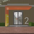 School Entrance with Red Brick Wall Number 2 Glass Door Yellow Sign and Green Shrubs