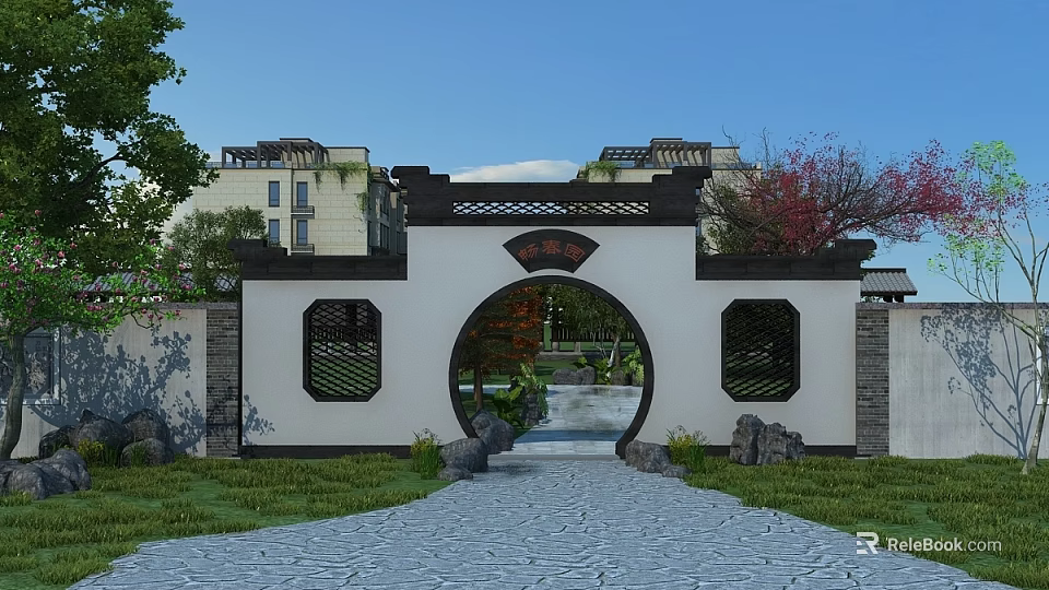 Chinese Style Courtyard Garden With Arched Gate Decorative Structure Green Plants And Stone Path 3d model 