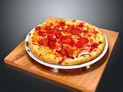 Delicious Pepperoni Pizza Topped With Onions Cheese And Tomato Sauce On Wooden Tray 3d model