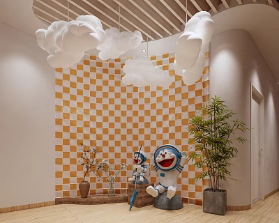 School Playful Space With White Cloud Decorations Orange White Checkered Wall And Doraemon Dolls 3d model