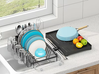 Kitchen Dish Rack by Sink with Dishes Bowls Utensils Glasses and Frying Pan with Fruits 3d model