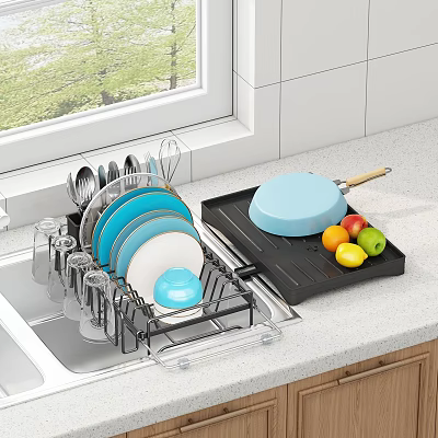 Kitchen Dish Rack by Sink with Dishes Bowls Utensils Glasses and Frying Pan with Fruits 3d model