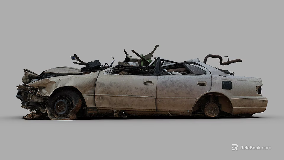 Wrecked Abandoned Car With Rusty Body Broken Windows And Damaged Exterior 3d model 