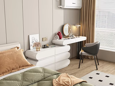 Elegant Bedroom Dressing Table With Round Mirror Table Lamp And Chair 3d model
