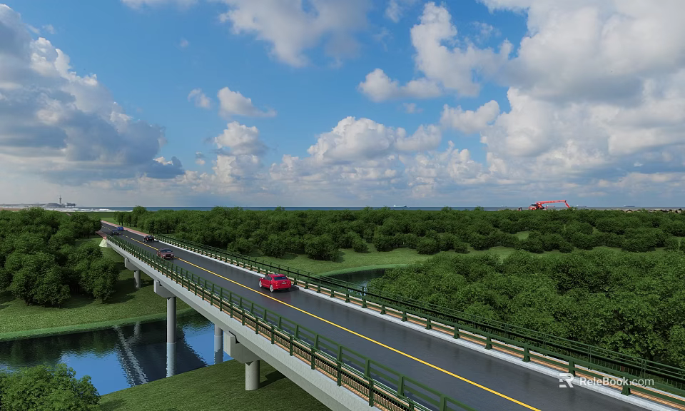 Modern Highway Bridge over River with Green Forest Blue Sky White Clouds and Moving Vehicles 3d model 