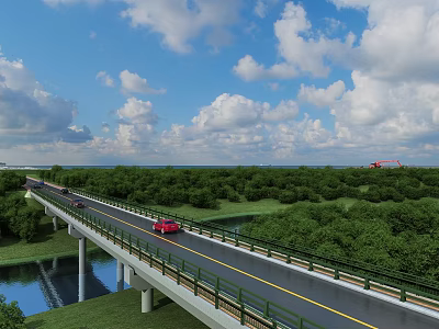 Modern Highway Bridge over River with Green Forest Blue Sky White Clouds and Moving Vehicles 3d model