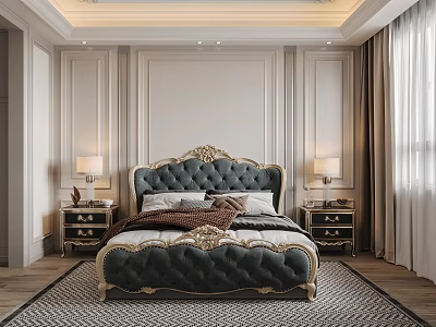 Luxurious Bedroom Interior With Ornate Upholstered Headboard Gold Accents Nightstands Table Lamps And Paneled Walls 3d model
