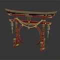 Traditional Red Torii Gate Decor With Wooden Top Rope And Bells