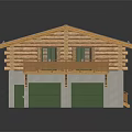 Rustic Log House Architecture Featuring Gray Sloped Roof Green Garage Doors And Wooden Balcony