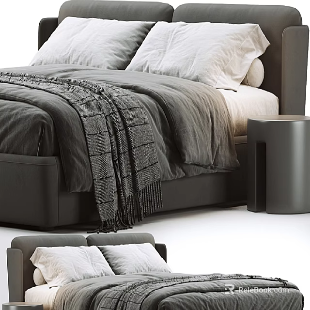 Elegant Modern Double Bed With Gray Comforter Pillows And Side Nightstand 3d model 