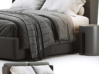 Elegant Modern Double Bed With Gray Comforter Pillows And Side Nightstand 3d model