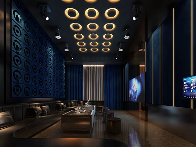 Modern Luxury KTV Lounge Interior With Circular Ceiling Lights Blue Walls Sofa Seating And TV Screens 3d model