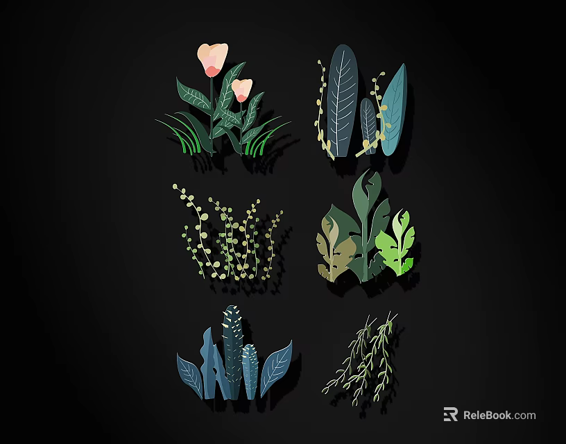 Colorful Plant Decor Elements With Leaves Flowers And Green Foliage 3d model 