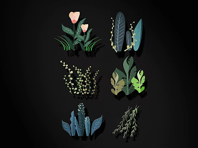 Colorful Plant Decor Elements With Leaves Flowers And Green Foliage 3d model