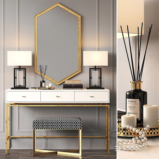 Elegant White Dressing Table Interior With Gold Framed Mirror Table Lamps And Stool 3d model 