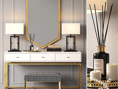 Elegant White Dressing Table Interior With Gold Framed Mirror Table Lamps And Stool 3d model