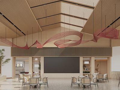 Modern Café Interior With Wooden Ceiling Red Hanging Decorations And Open Space Tables Chairs 3d model