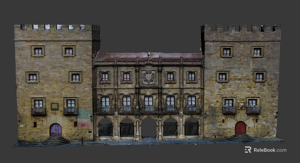 Cartoon Scene Featuring Castle Style Buildings With Arched Doorways And Stone Steps 3d model 
