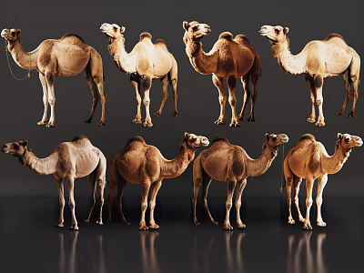 Eight Camels In Various Postures And Brown Shades On Grey Reflective Floor Background 3d model