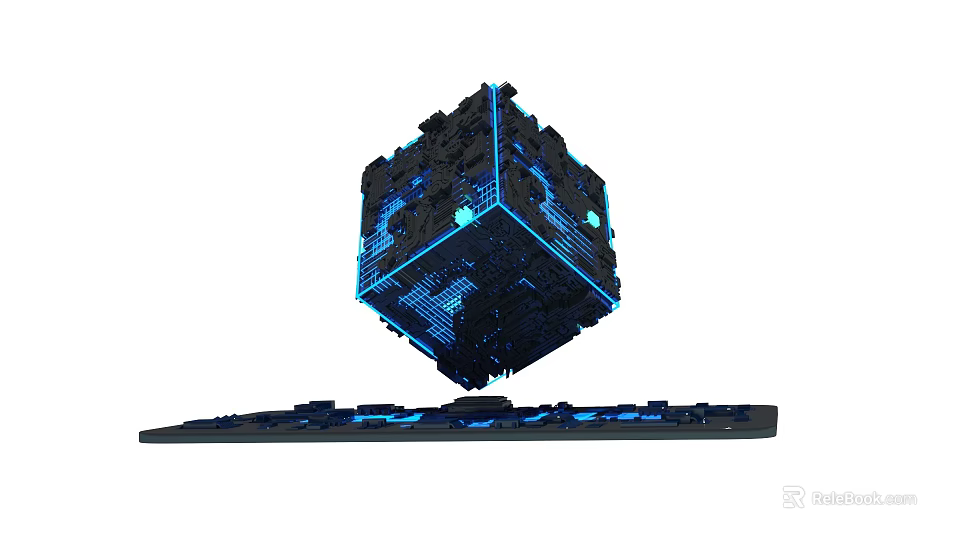 Illuminated Black Cube Electronic Device With Blue Lighting And Keyboard Base 3d model 