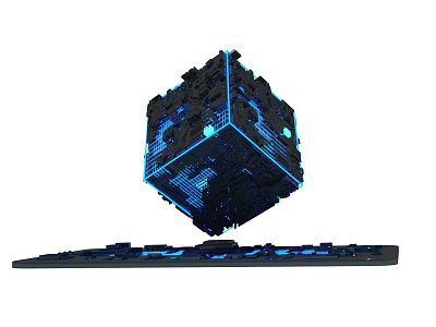 Illuminated Black Cube Electronic Device With Blue Lighting And Keyboard Base 3d model