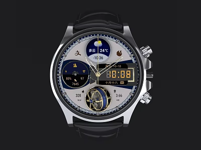 Chenxi Digital Watch With Moon Phase Display Mechanical Gears And Black Leather Strap 3d model