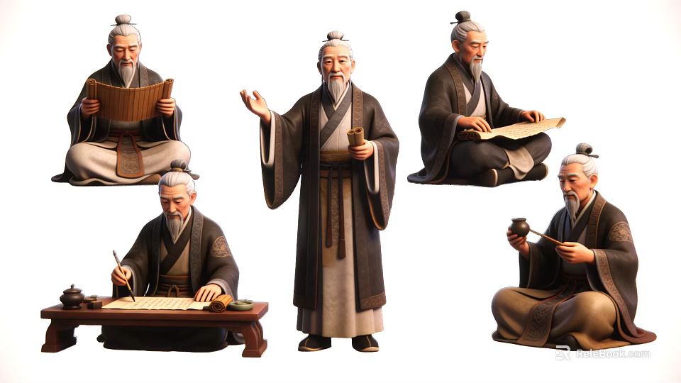 Traditional Chinese Ancient Scholar Pendant With Various Poses For Decoration 3d model 
