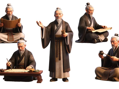 Traditional Chinese Ancient Scholar Pendant With Various Poses For Decoration 3d model