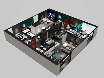 Birds Eye View Of Modern Office Interior With Workstations Desk Layout And Partitions 3d model