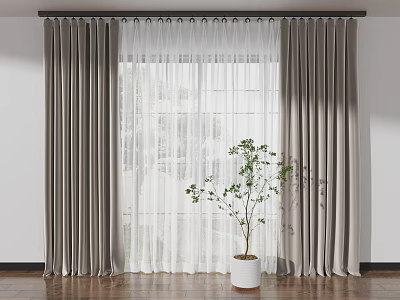 Elegant Double Layer Curtains Dark Gray Panels White Sheer With Plant In White Planter 3d model
