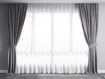 Elegant Gray Curtains With Sheer White Panels And Tied Details For Window Decoration 3d model