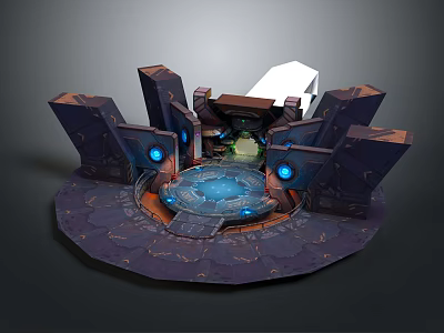 Mystical Circular Building Structure 3D Modeled Featuring Blue Light Sources and Stone Block Design 3d model