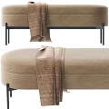 Beige Fabric Sofa Bench With Black Metal Legs And Striped Throw Blanket