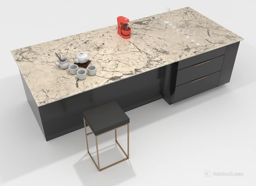 Modern Kitchen Island With Marble Countertop Black Cabinet Red Coffee Machine And Gold Frame Stool 3d model 
