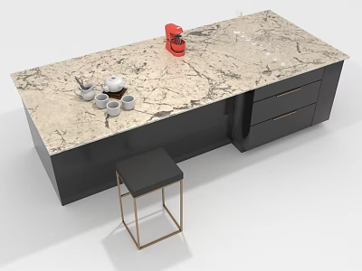 Modern Kitchen Island With Marble Countertop Black Cabinet Red Coffee Machine And Gold Frame Stool 3d model