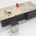Modern Kitchen Island With Marble Countertop Black Cabinet Red Coffee Machine And Gold Frame Stool