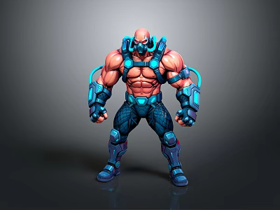 Muscular Sci-Fi Character Wearing Blue Red Armor With Mechanical Parts And Strong Physique 3d model
