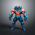 Muscular Sci-Fi Character Wearing Blue Red Armor With Mechanical Parts And Strong Physique