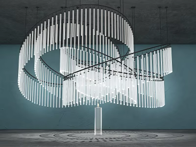 Interactive Zone Modern Art Installation Featuring Spiral Hanging White Strips And Central Pillar 3d model