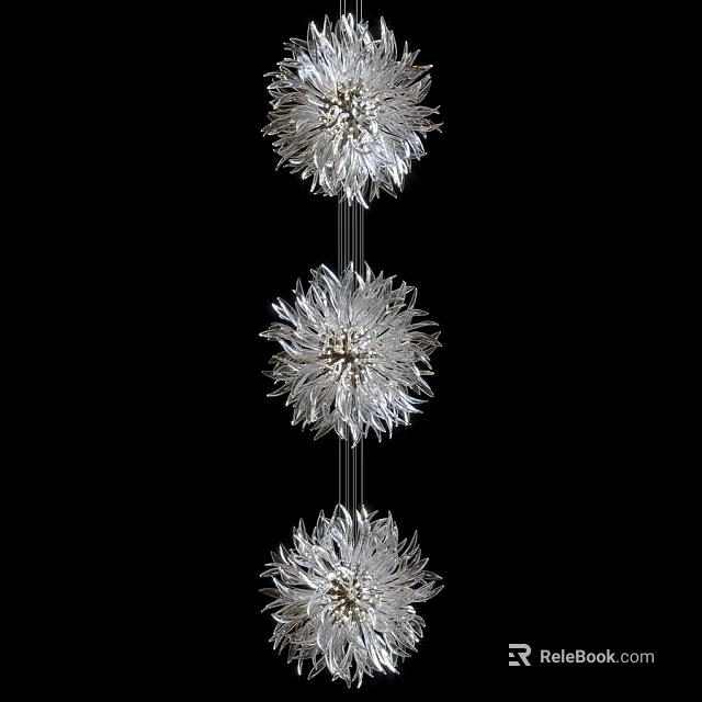 Three Elegant Silver Flower Shaped Modern Chandeliers In Vertical Arrangement 3d model 