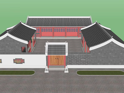 Ancient Chinese Architecture With Black Tiled Roof Red Gate Gray Brick Walls And Courtyard 3d model