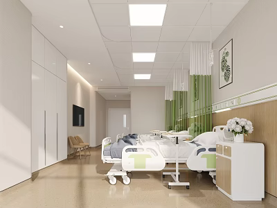 Modern Hospital Ward Interior With Medical Beds White Cabinets And Green Curtains 3d model