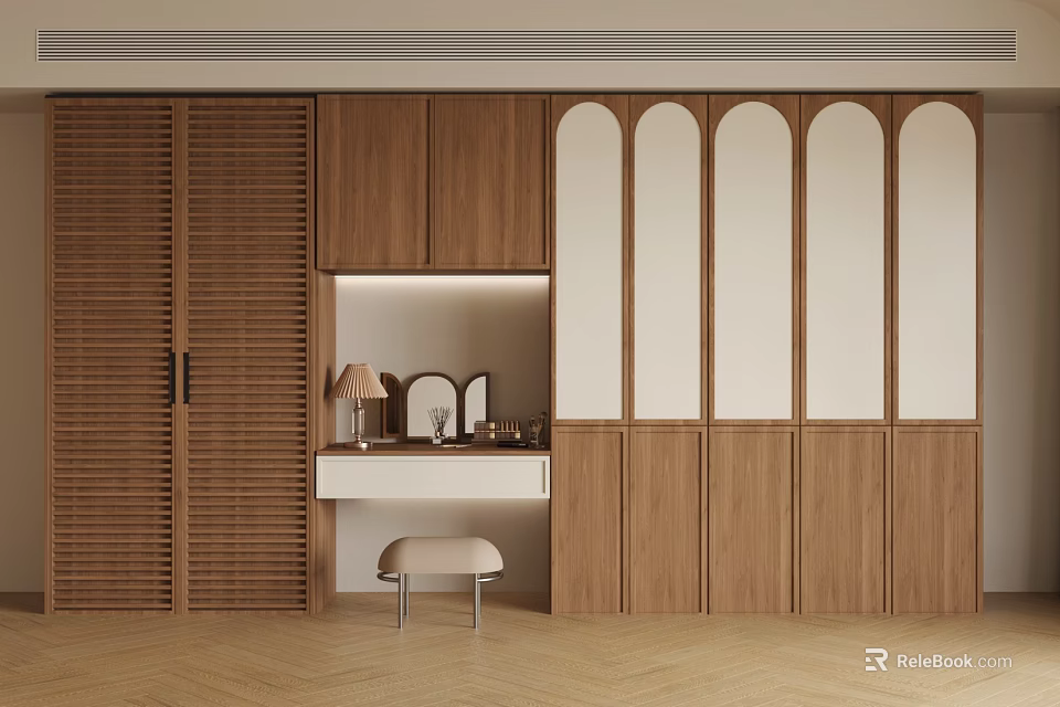 Wooden Vanity Dressing Table Design With Shutter Doors Arched Glass And Lit Mirror Area 3d model 