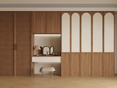 Wooden Vanity Dressing Table Design With Shutter Doors Arched Glass And Lit Mirror Area 3d model
