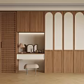 Wooden Vanity Dressing Table Design With Shutter Doors Arched Glass And Lit Mirror Area
