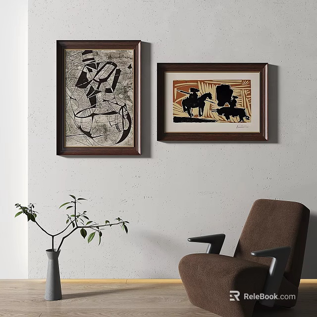 Framed Abstract Paintings On Wall With Modern Interior Decor Elements 3d model